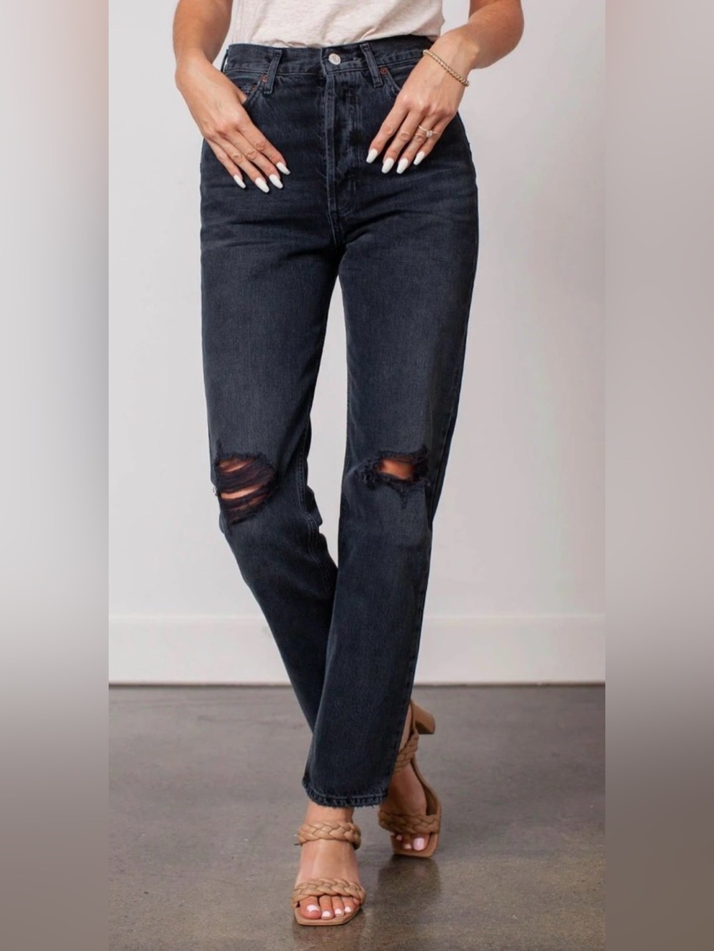 AGOLDE 90s Pinch Waist High Rise Straight Jeans Black Distressed 26